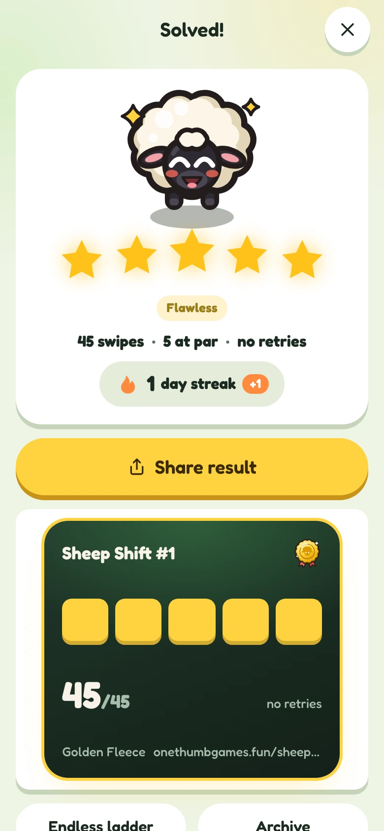 Sheep Shift: a solved puzzle